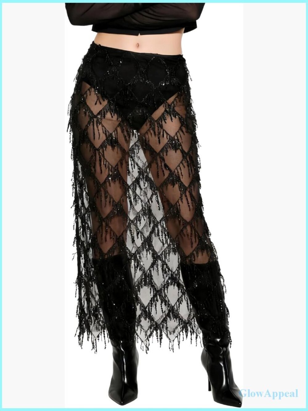 Sequin Fringe Midi Skirt - Sheer Mesh Sparkly Tassel Skirt with Side Slit,
